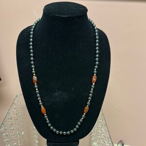 Hematite and Carnelian and faux gold like Beaded Necklace